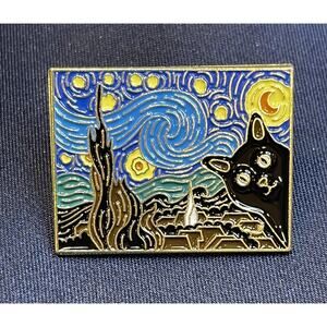 NWOT: Cat Starry Night Brooch Pin Blue Enamel Van Gogh Art Animals Collectible